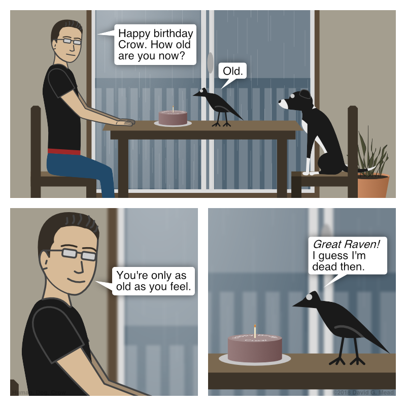 The trio are sitting around the dining room table with a birthday cake in the middle. Human says, "Happy birthday Crow. How old are you now?" Crow answers, "Old." Human replies, "You're only as old as you feel." Crow says, "Great Raven! I guess I'm dead then."