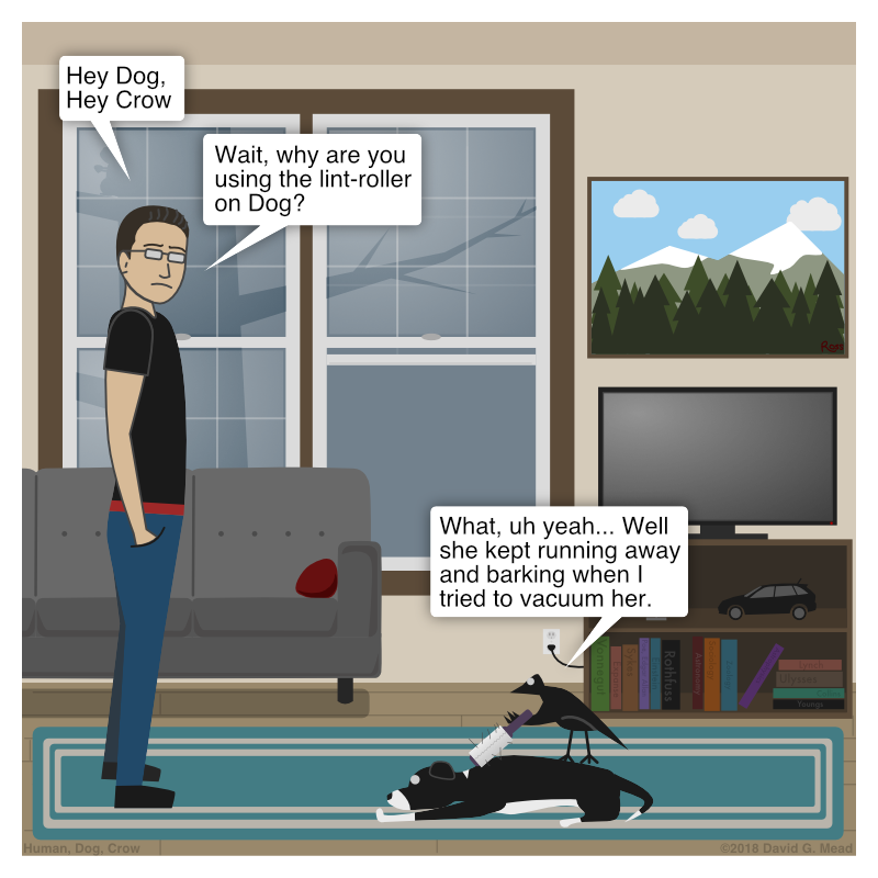 Human walks in, says "Hey Dog, hey Crow. Wait, why are you using the lint-roller on Dog?" to Crow. Crow replies, "What, uh...Well she kept running away and barking when I tried to vacuum her."